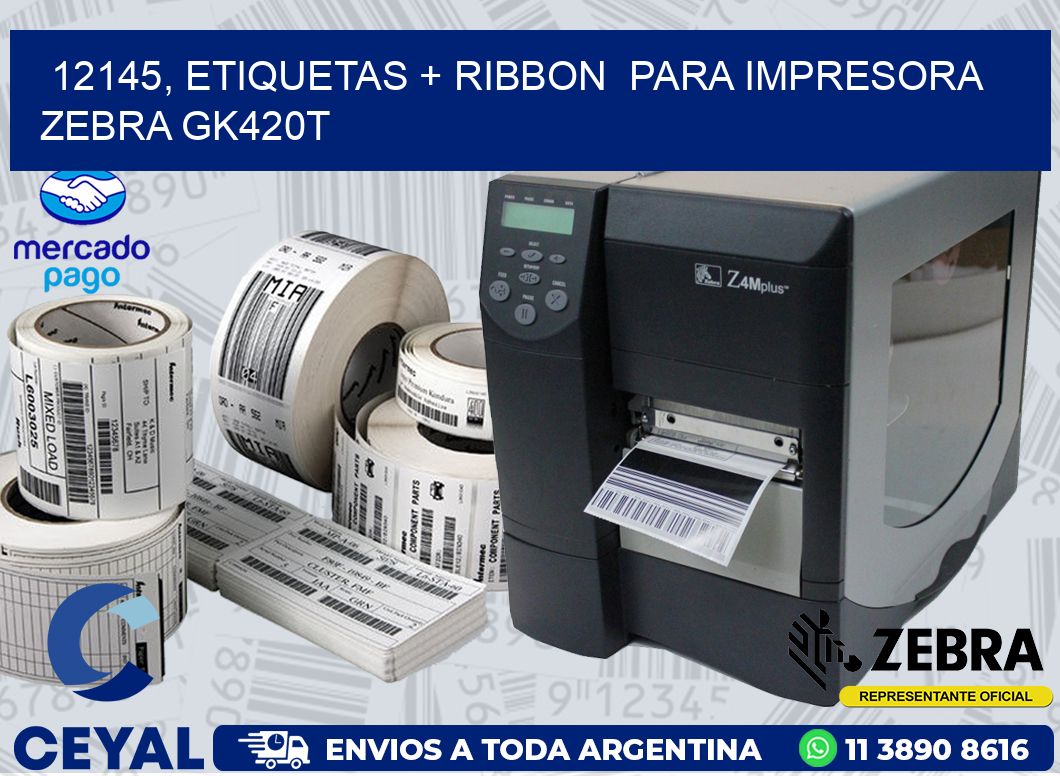 12145, etiquetas + ribbon  para impresora zebra GK420T