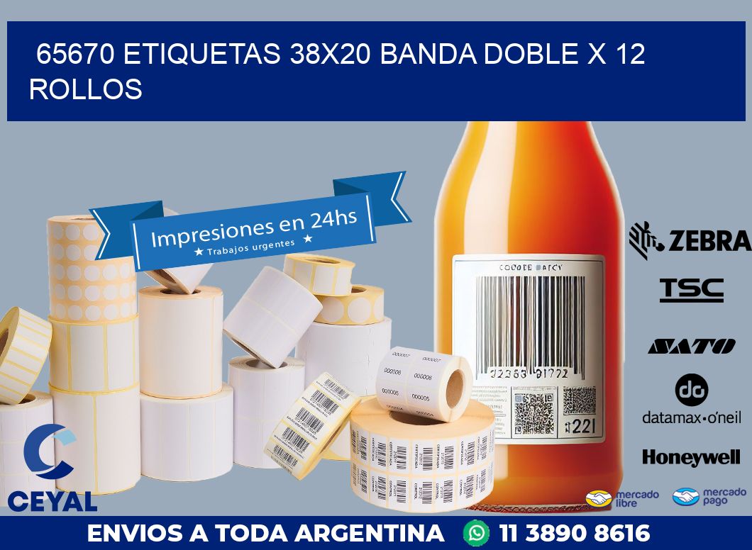 65670 ETIQUETAS 38X20 BANDA DOBLE X 12 ROLLOS