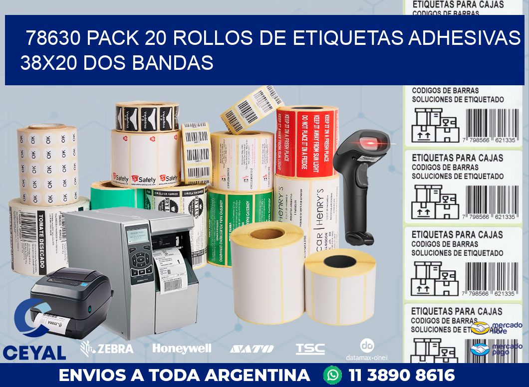 78630 PACK 20 ROLLOS DE ETIQUETAS ADHESIVAS 38X20 DOS BANDAS