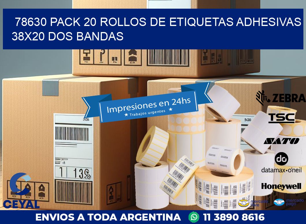 78630 PACK 20 ROLLOS DE ETIQUETAS ADHESIVAS 38X20 DOS BANDAS