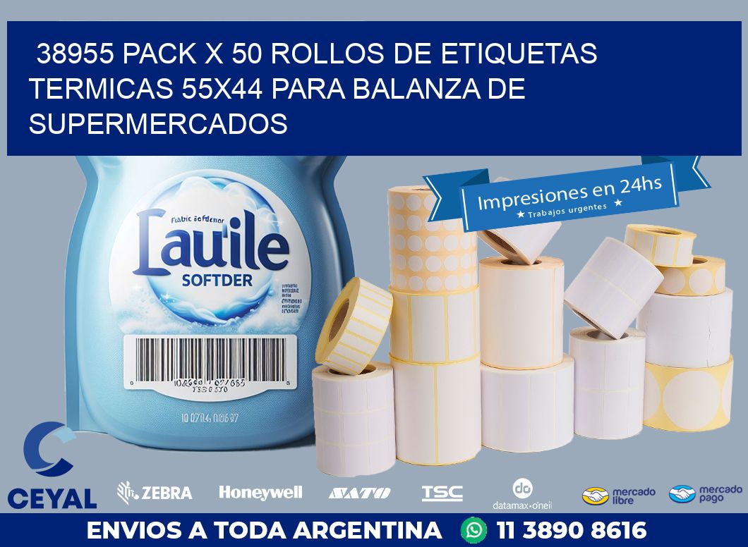 38955 PACK X 50 ROLLOS DE ETIQUETAS TERMICAS 55X44 PARA BALANZA DE SUPERMERCADOS