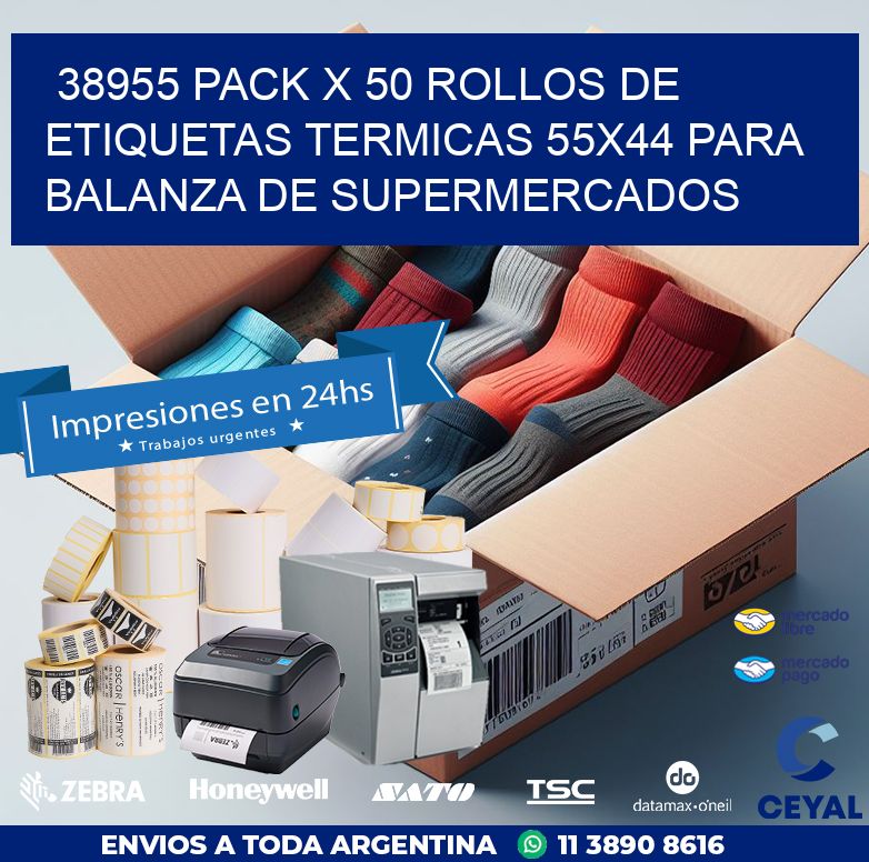 38955 PACK X 50 ROLLOS DE ETIQUETAS TERMICAS 55X44 PARA BALANZA DE SUPERMERCADOS