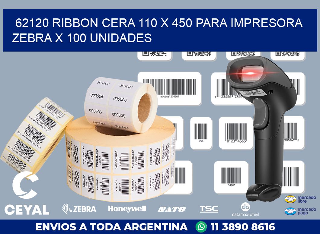 62120 RIBBON CERA 110 X 450 PARA IMPRESORA ZEBRA X 100 UNIDADES