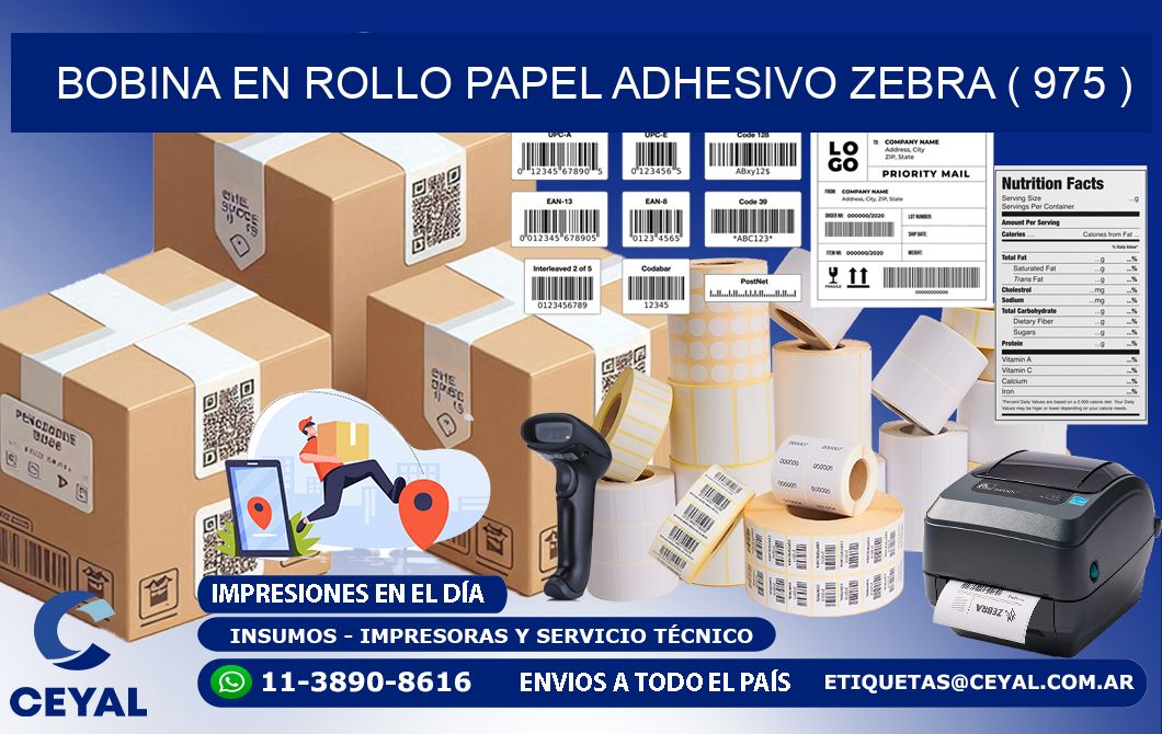 BOBINA EN ROLLO PAPEL ADHESIVO ZEBRA ( 975 )