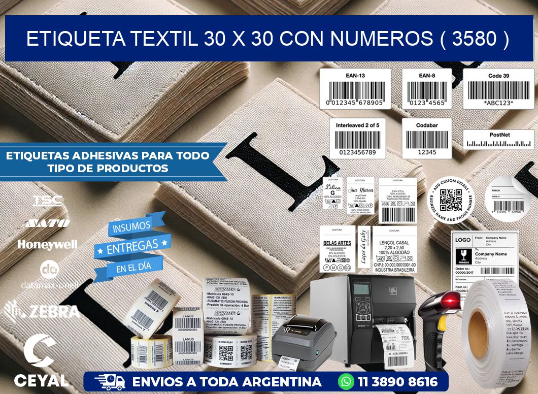 ETIQUETA TEXTIL 30 X 30 CON NUMEROS ( 3580 )