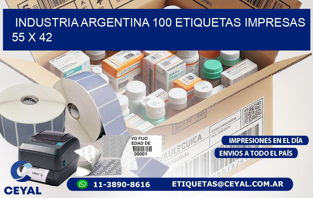 INDUSTRIA ARGENTINA 100 ETIQUETAS IMPRESAS  55 x 42