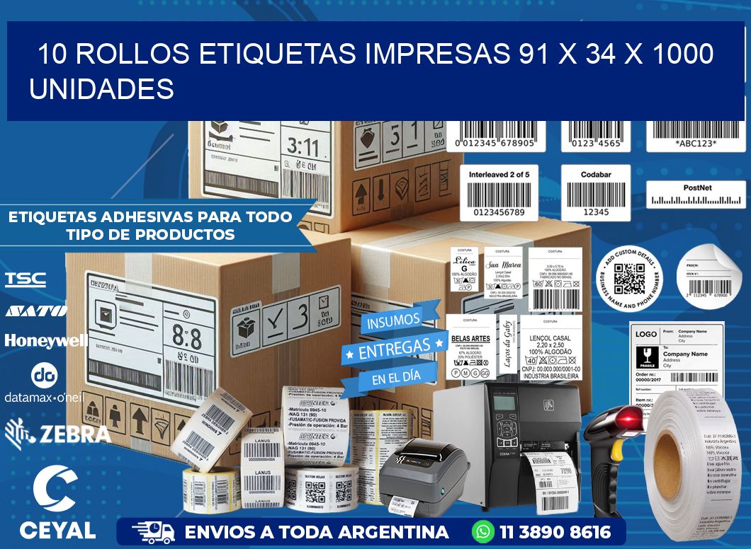 10 ROLLOS ETIQUETAS IMPRESAS 91 x 34 X 1000 UNIDADES