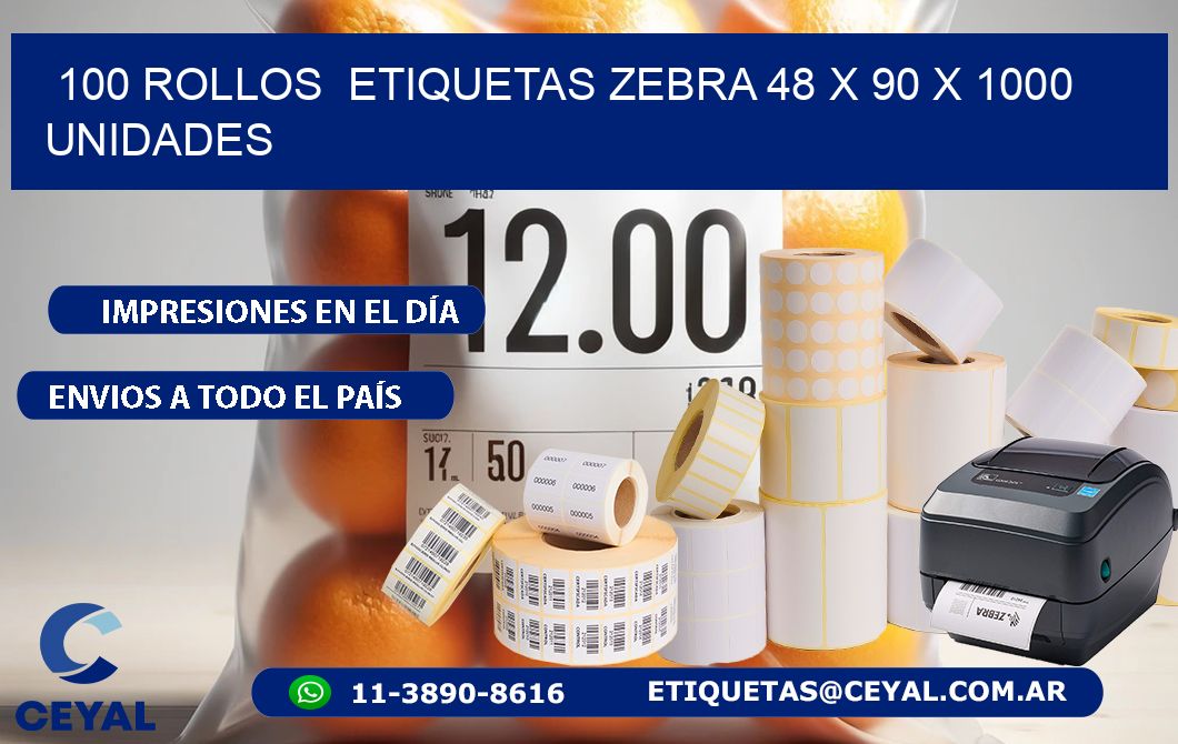 100 ROLLOS  ETIQUETAS ZEBRA 48 x 90 X 1000 UNIDADES