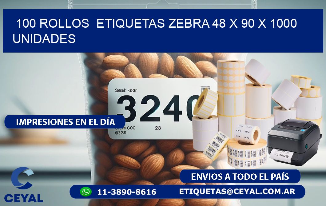 100 ROLLOS  ETIQUETAS ZEBRA 48 x 90 X 1000 UNIDADES