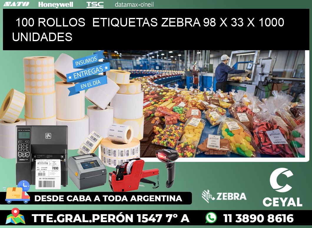 100 ROLLOS  ETIQUETAS ZEBRA 98 x 33 X 1000 UNIDADES