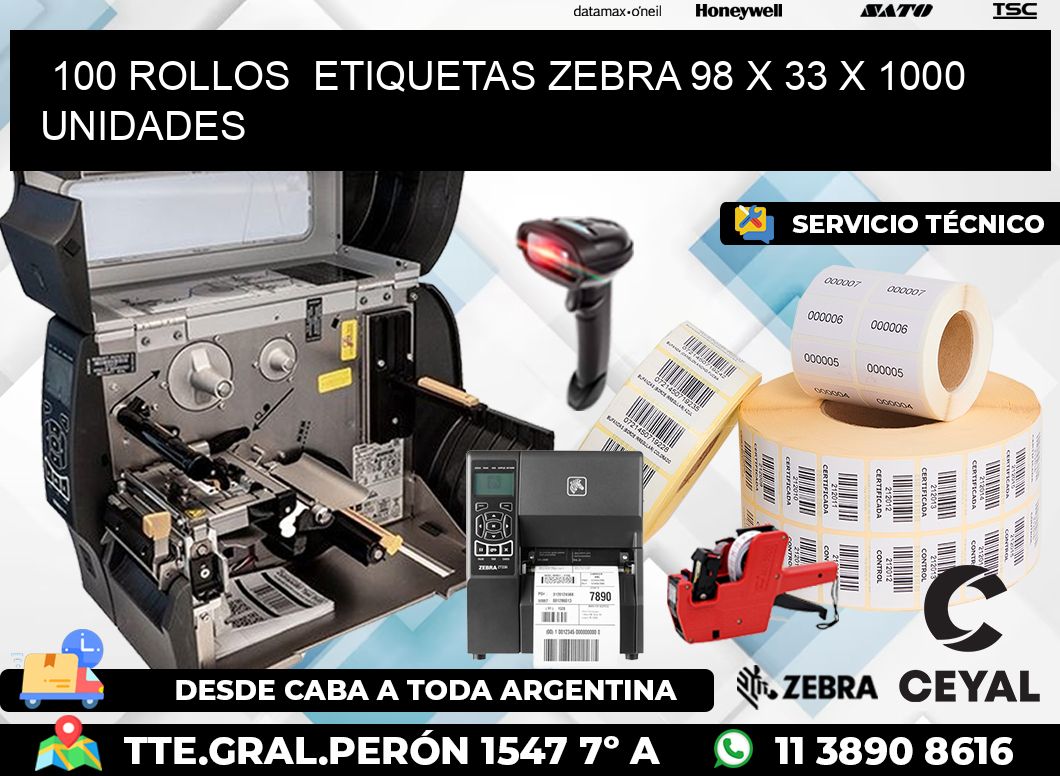 100 ROLLOS  ETIQUETAS ZEBRA 98 x 33 X 1000 UNIDADES