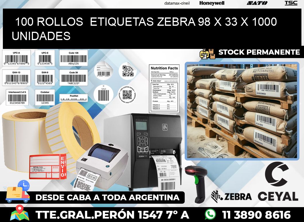 100 ROLLOS  ETIQUETAS ZEBRA 98 x 33 X 1000 UNIDADES