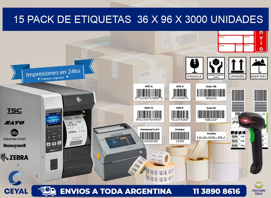 15 PACK DE ETIQUETAS  36 x 96 X 3000 UNIDADES