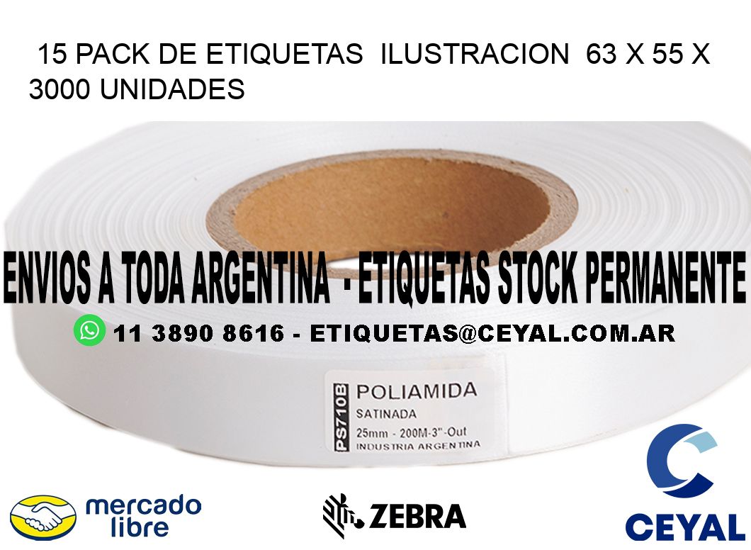 15 PACK DE ETIQUETAS  ILUSTRACION  63 x 55 X 3000 UNIDADES