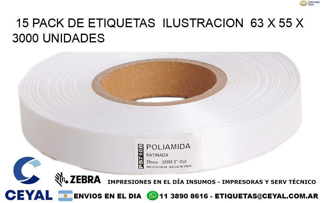 15 PACK DE ETIQUETAS  ILUSTRACION  63 x 55 X 3000 UNIDADES