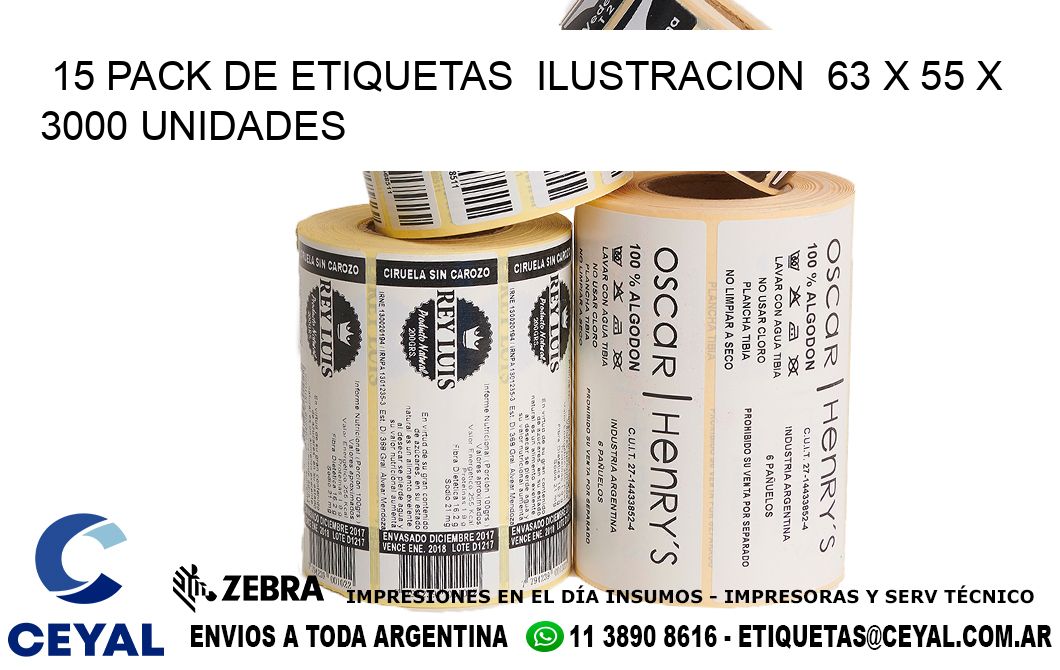 15 PACK DE ETIQUETAS  ILUSTRACION  63 x 55 X 3000 UNIDADES