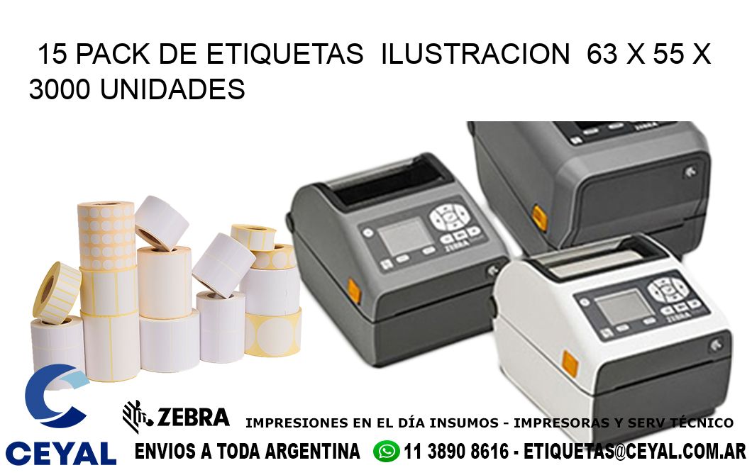 15 PACK DE ETIQUETAS  ILUSTRACION  63 x 55 X 3000 UNIDADES