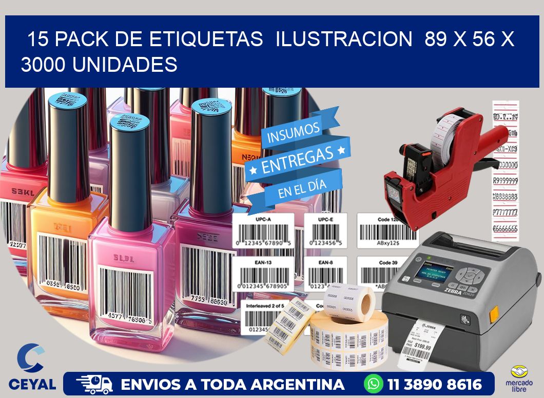 15 PACK DE ETIQUETAS  ILUSTRACION  89 x 56 X 3000 UNIDADES