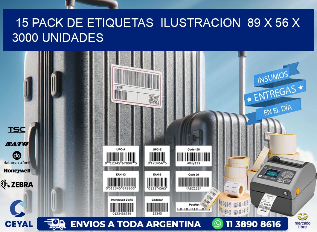 15 PACK DE ETIQUETAS  ILUSTRACION  89 x 56 X 3000 UNIDADES