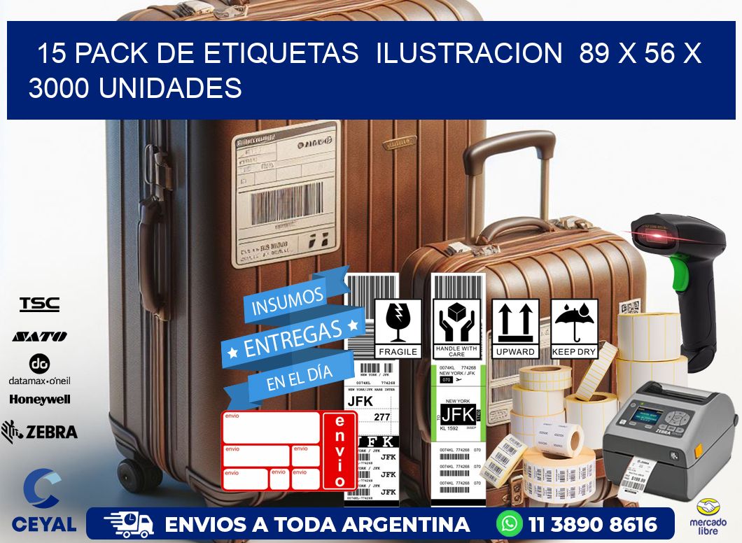 15 PACK DE ETIQUETAS  ILUSTRACION  89 x 56 X 3000 UNIDADES