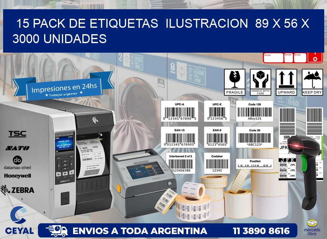 15 PACK DE ETIQUETAS  ILUSTRACION  89 x 56 X 3000 UNIDADES