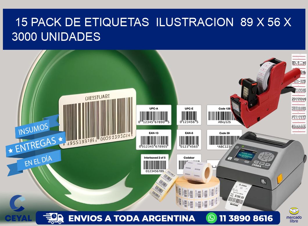 15 PACK DE ETIQUETAS  ILUSTRACION  89 x 56 X 3000 UNIDADES