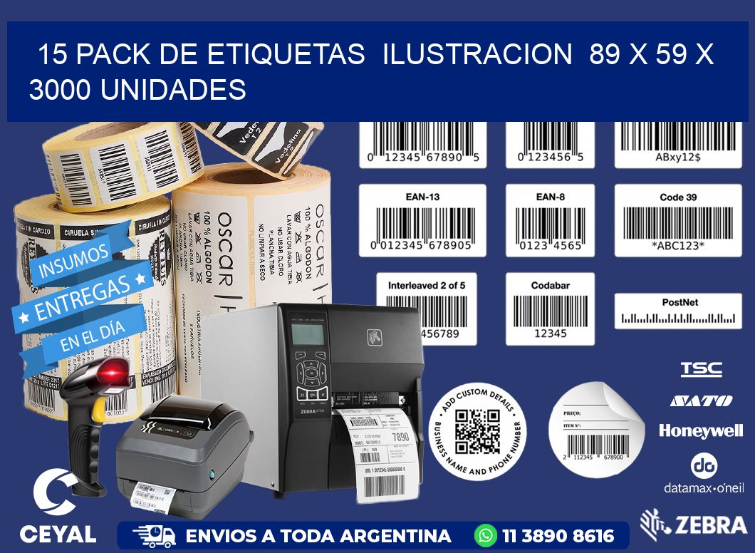 15 PACK DE ETIQUETAS  ILUSTRACION  89 x 59 X 3000 UNIDADES