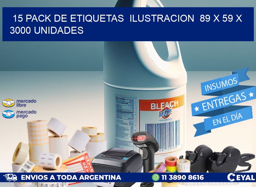 15 PACK DE ETIQUETAS  ILUSTRACION  89 x 59 X 3000 UNIDADES