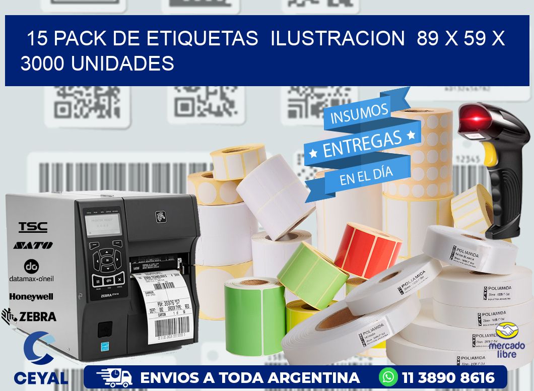 15 PACK DE ETIQUETAS  ILUSTRACION  89 x 59 X 3000 UNIDADES