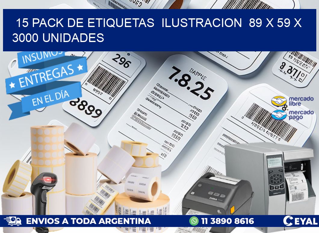 15 PACK DE ETIQUETAS  ILUSTRACION  89 x 59 X 3000 UNIDADES