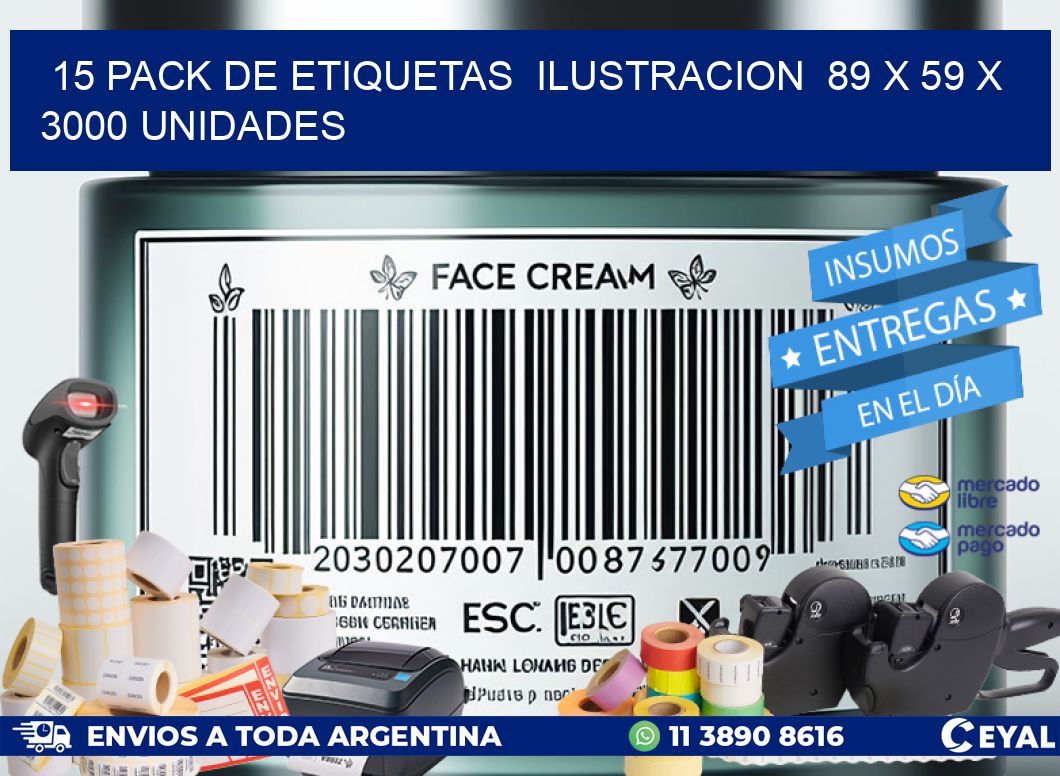 15 PACK DE ETIQUETAS  ILUSTRACION  89 x 59 X 3000 UNIDADES