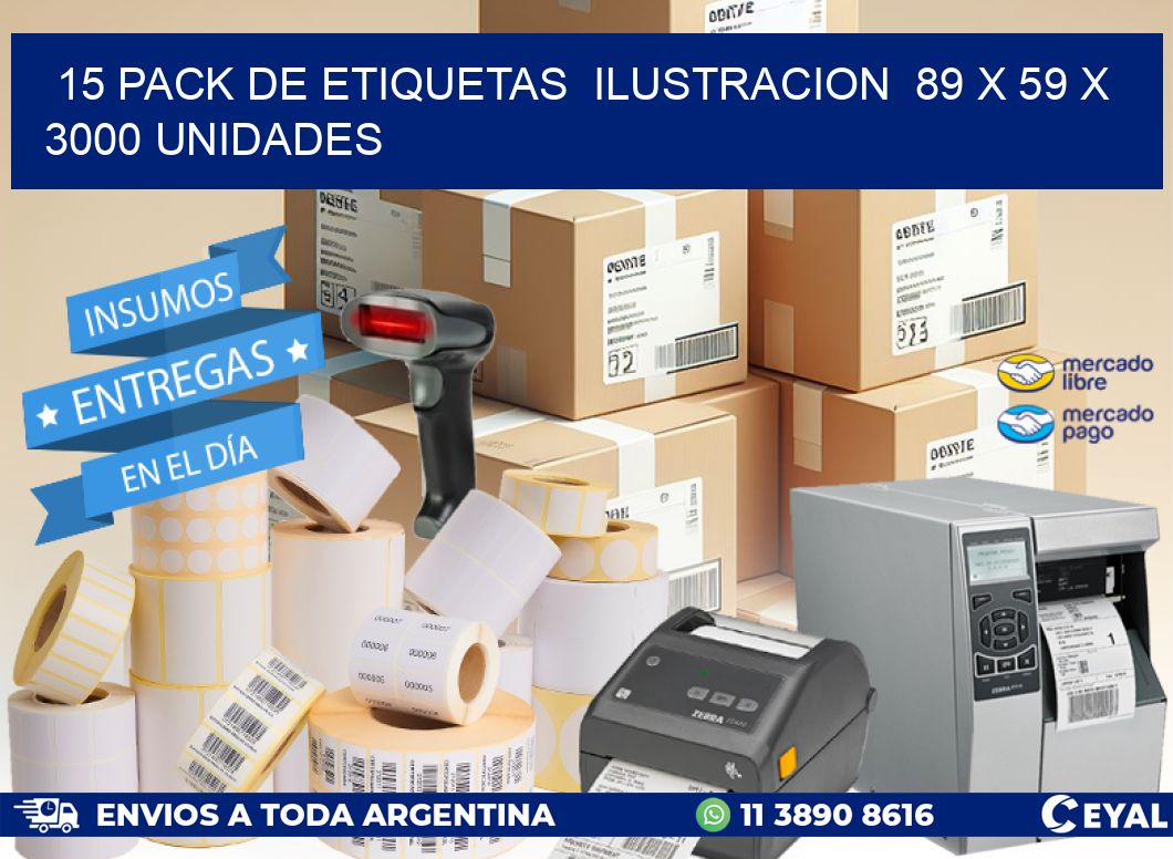 15 PACK DE ETIQUETAS  ILUSTRACION  89 x 59 X 3000 UNIDADES