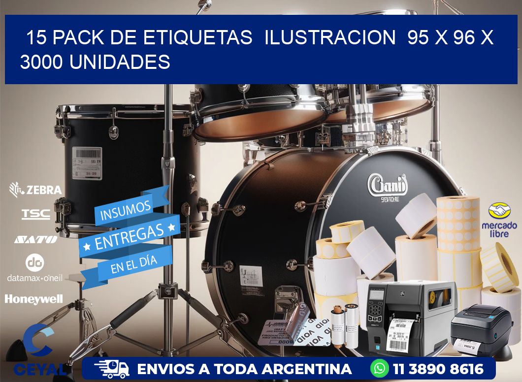 15 PACK DE ETIQUETAS  ILUSTRACION  95 x 96 X 3000 UNIDADES