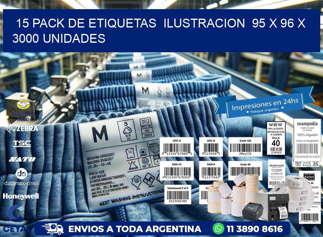 15 PACK DE ETIQUETAS  ILUSTRACION  95 x 96 X 3000 UNIDADES