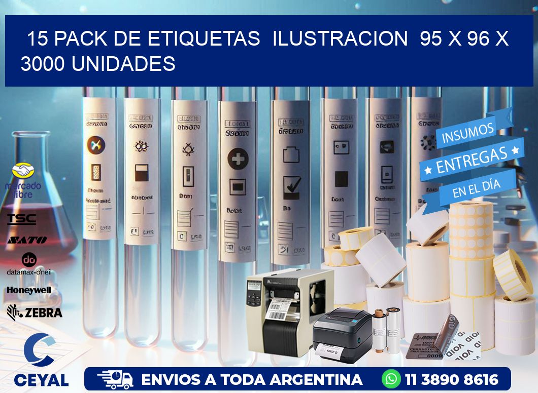 15 PACK DE ETIQUETAS  ILUSTRACION  95 x 96 X 3000 UNIDADES