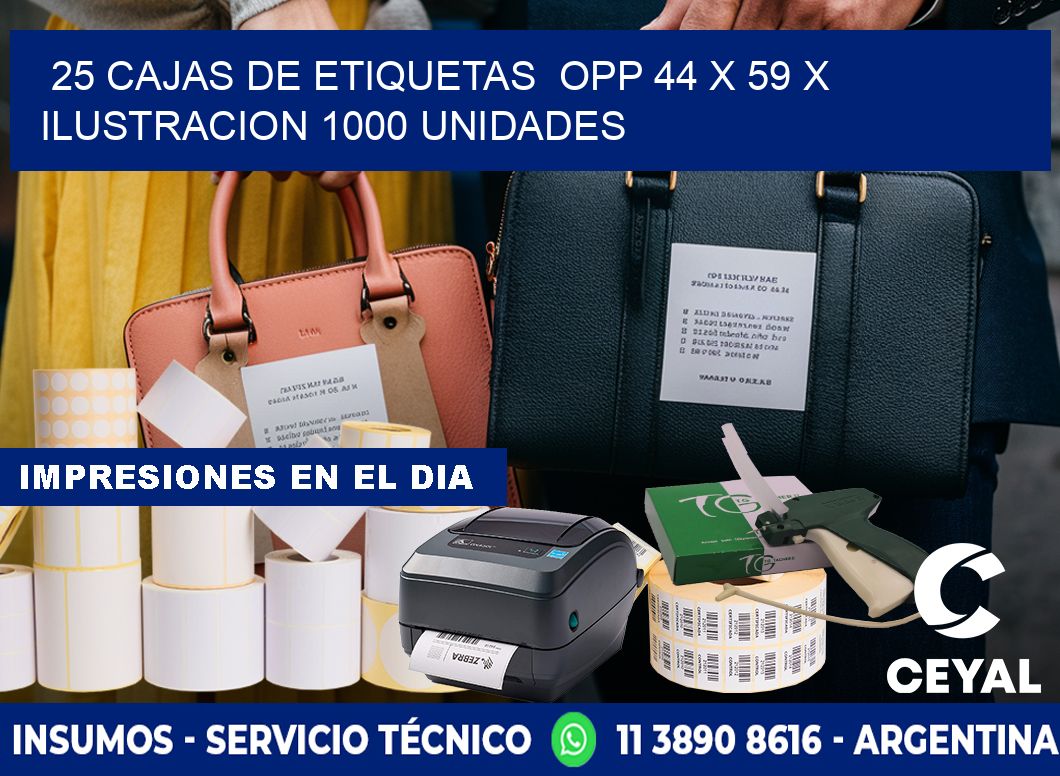 25 CAJAS DE ETIQUETAS  OPP 44 x 59 X ILUSTRACION 1000 UNIDADES