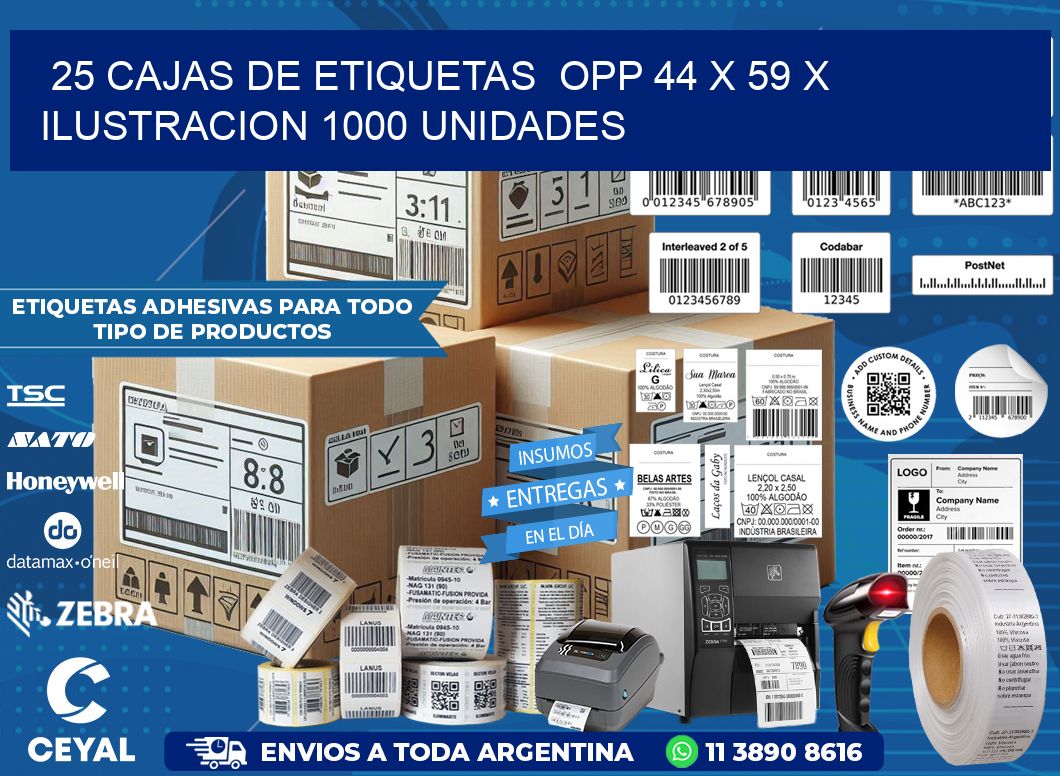 25 CAJAS DE ETIQUETAS  OPP 44 x 59 X ILUSTRACION 1000 UNIDADES