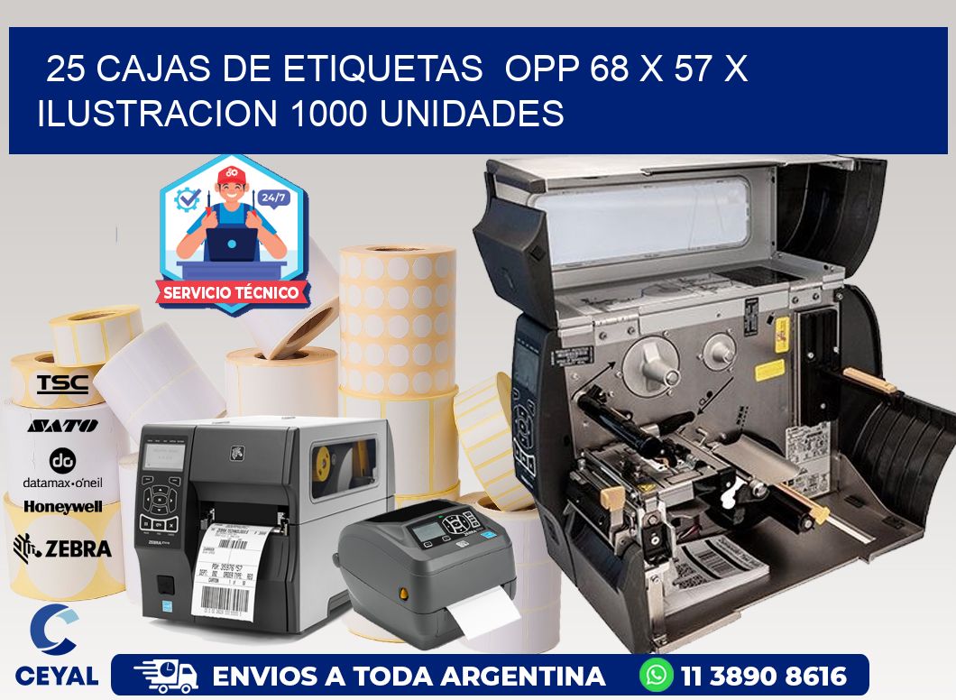 25 CAJAS DE ETIQUETAS  OPP 68 x 57 X ILUSTRACION 1000 UNIDADES