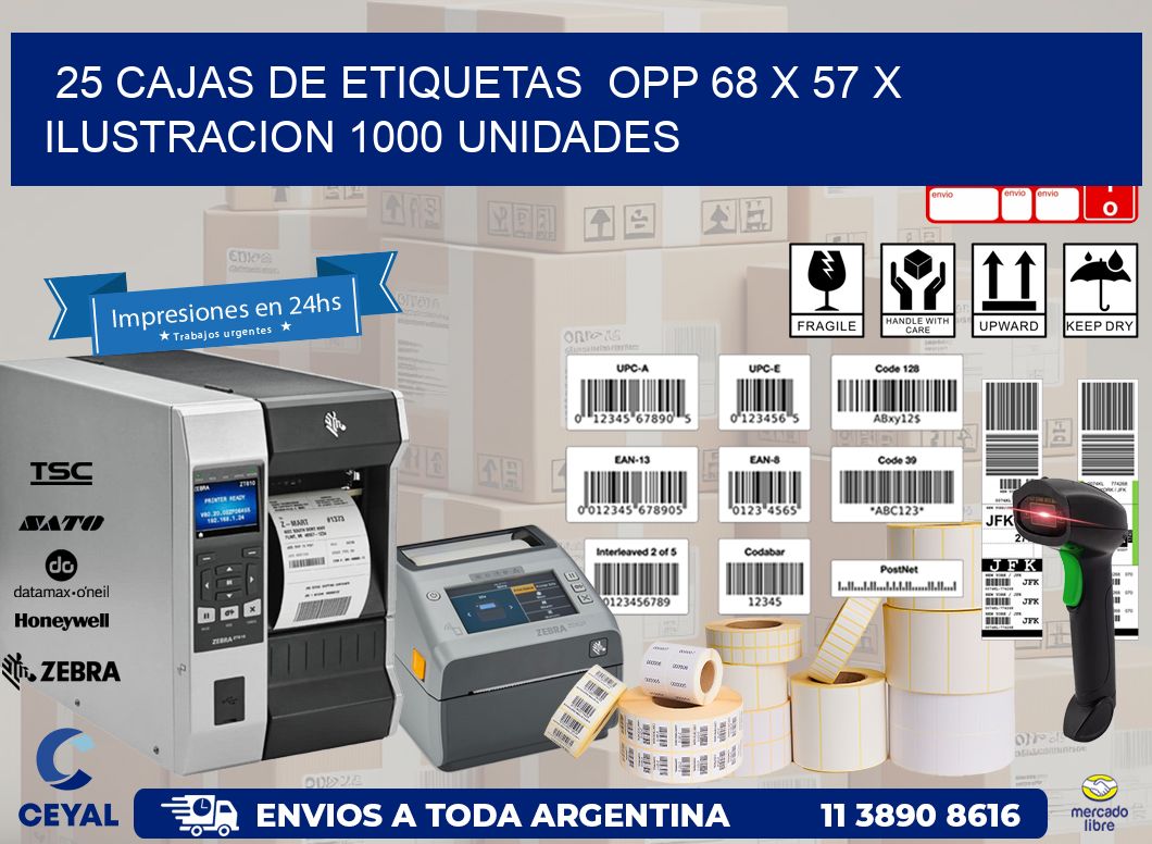 25 CAJAS DE ETIQUETAS  OPP 68 x 57 X ILUSTRACION 1000 UNIDADES