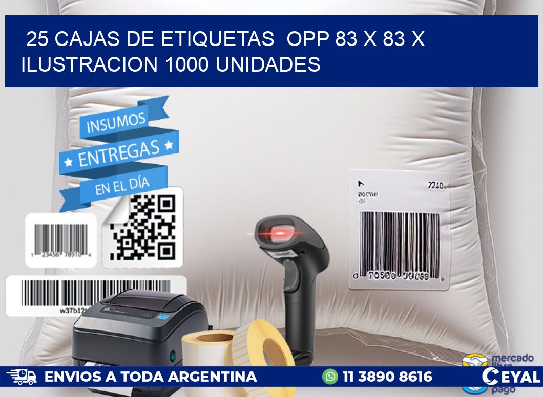 25 CAJAS DE ETIQUETAS  OPP 83 x 83 X ILUSTRACION 1000 UNIDADES