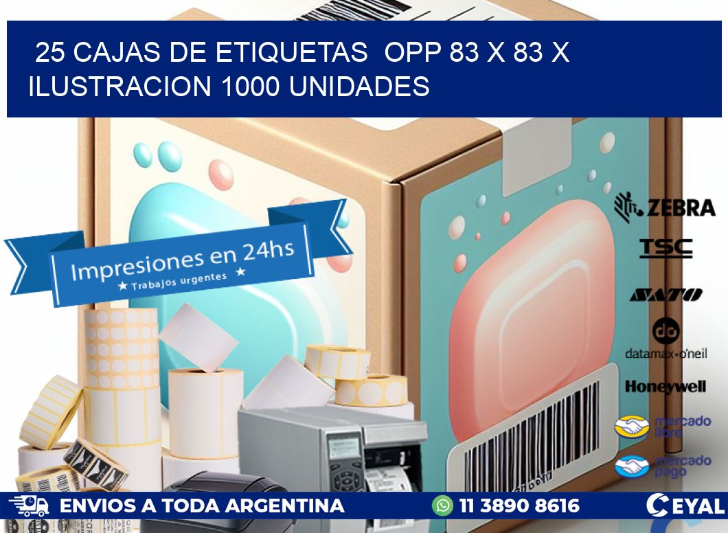 25 CAJAS DE ETIQUETAS  OPP 83 x 83 X ILUSTRACION 1000 UNIDADES