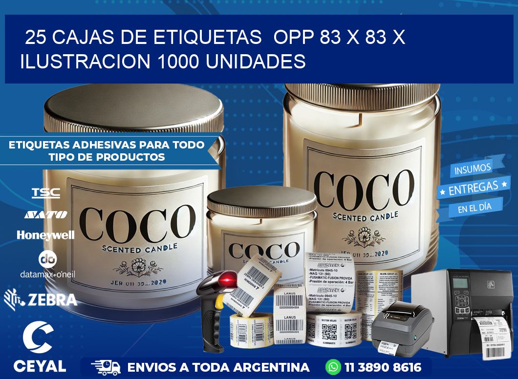 25 CAJAS DE ETIQUETAS  OPP 83 x 83 X ILUSTRACION 1000 UNIDADES