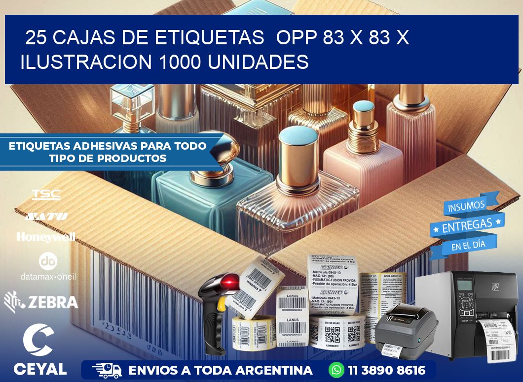 25 CAJAS DE ETIQUETAS  OPP 83 x 83 X ILUSTRACION 1000 UNIDADES