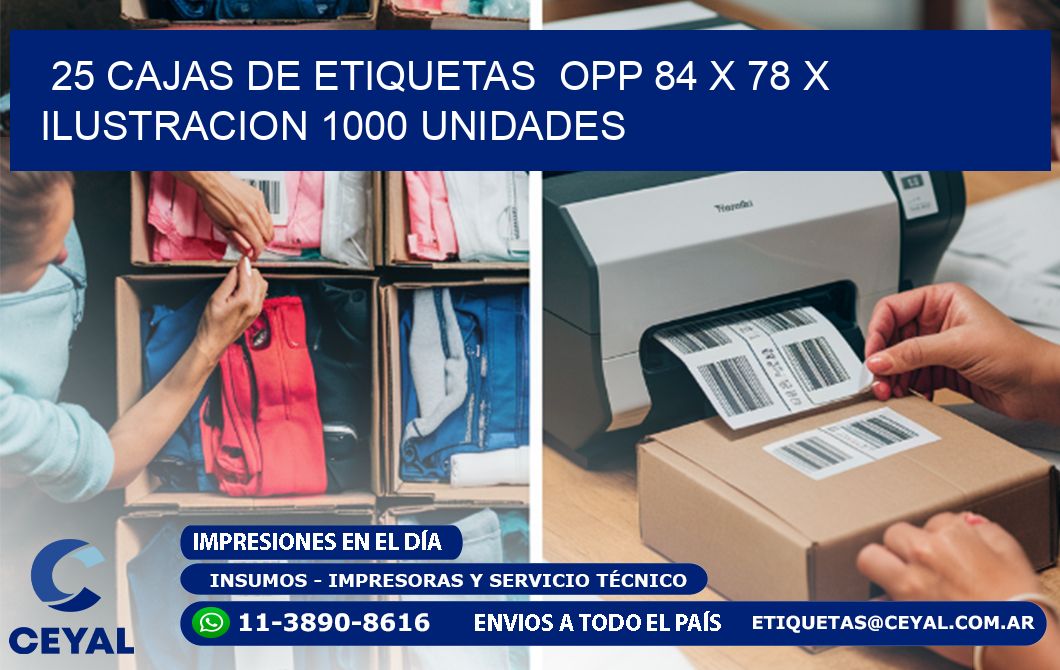 25 CAJAS DE ETIQUETAS  OPP 84 x 78 X ILUSTRACION 1000 UNIDADES