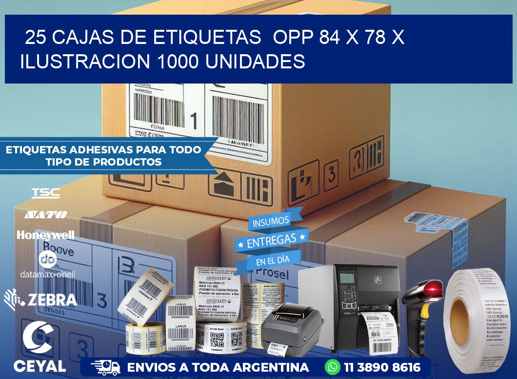 25 CAJAS DE ETIQUETAS  OPP 84 x 78 X ILUSTRACION 1000 UNIDADES