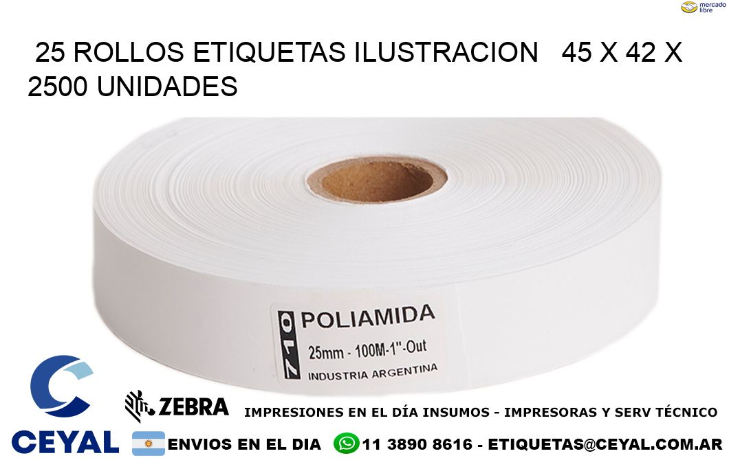 25 ROLLOS ETIQUETAS ILUSTRACION   45 x 42 X 2500 UNIDADES