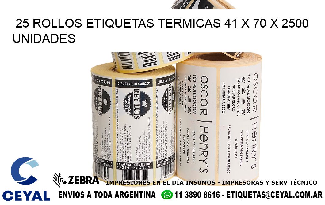 25 ROLLOS ETIQUETAS TERMICAS 41 x 70 X 2500 UNIDADES