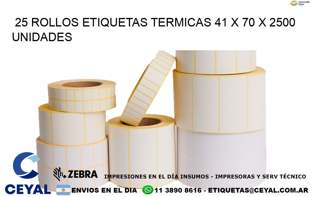 25 ROLLOS ETIQUETAS TERMICAS 41 x 70 X 2500 UNIDADES