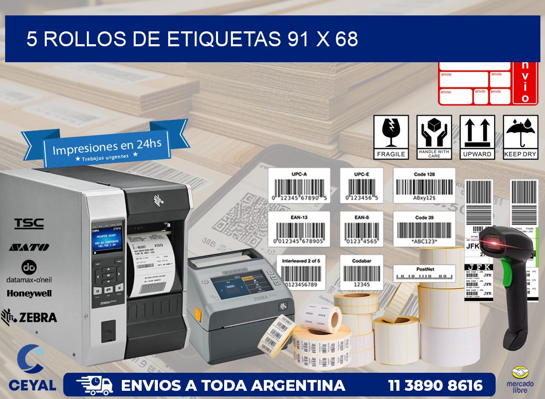 5 ROLLOS DE ETIQUETAS 91 x 68