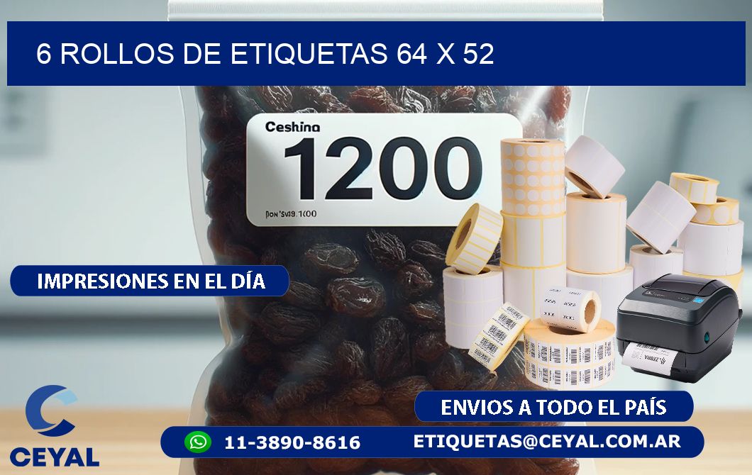 6 ROLLOS DE ETIQUETAS 64 x 52
